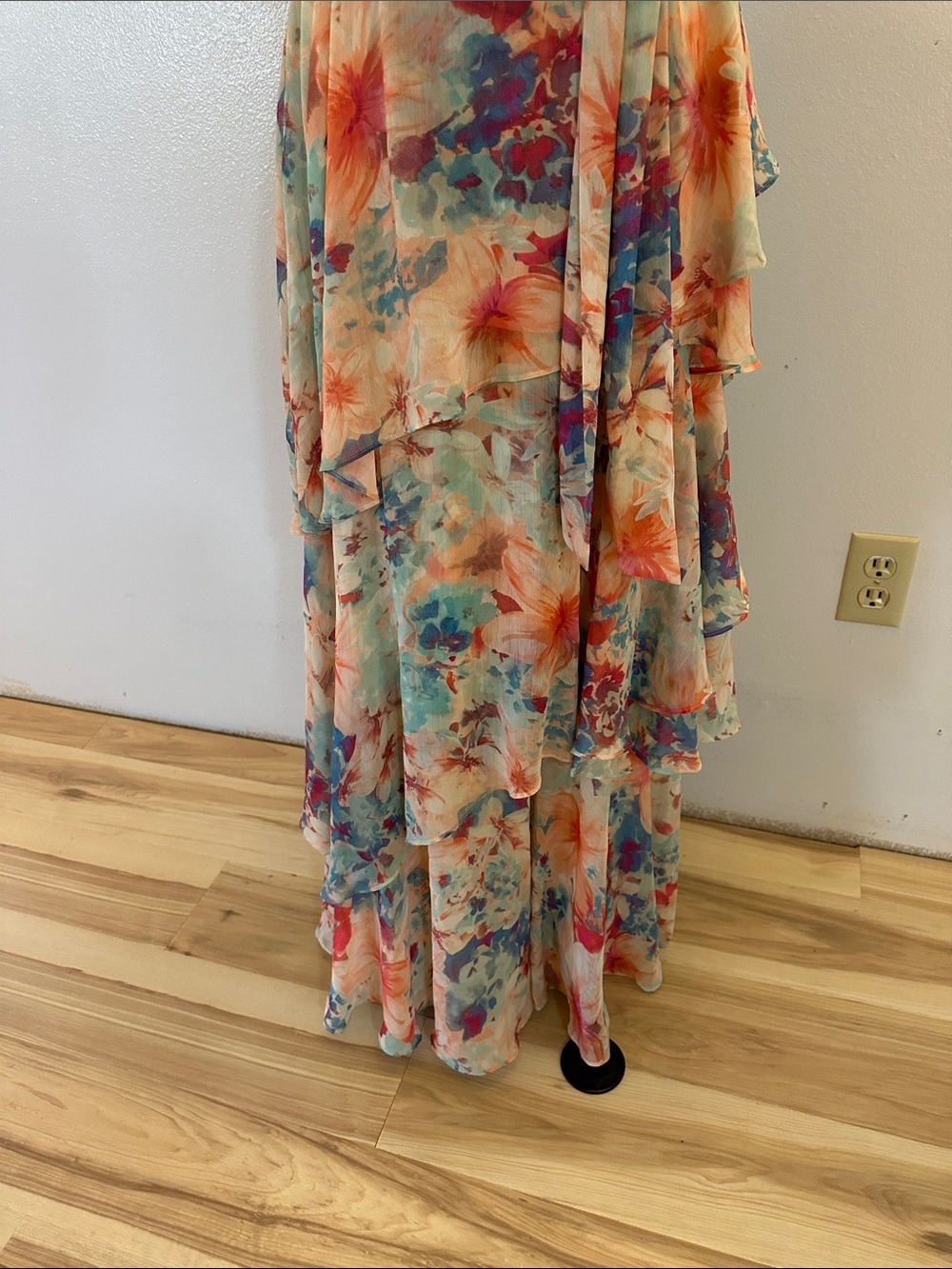 50% off Tahari Floral Tiered Wrap Maxi Dress in Pastel Blue, Coral, Cream - Picture 5 of 8